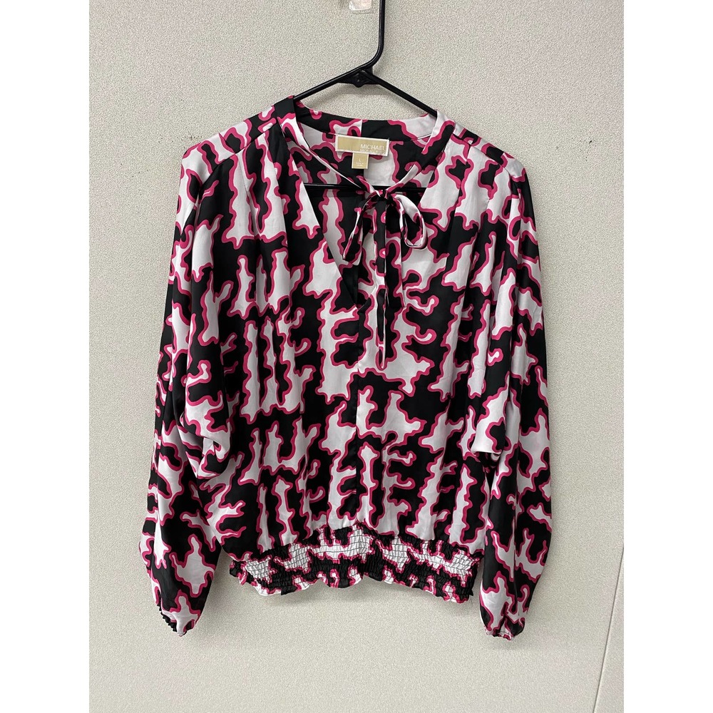 Michael Kors Black, White, & Pink Printed Long Sleeve Blouse with Neck Tie
